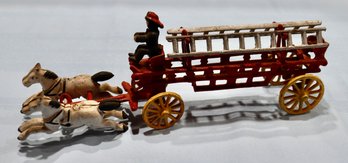 Lot 238 - Cast Iron Horse Drawn Fire Ladder Wagon - Vintage Fireman Toy - Antique Fire Truck