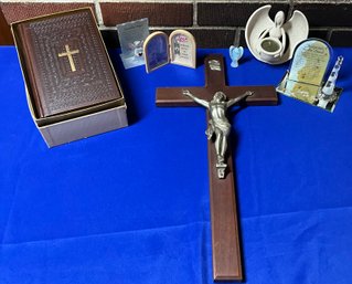 Lot 93- Religious Items - Family Bible - Wall Crucifix - Angels - Footprints Decor