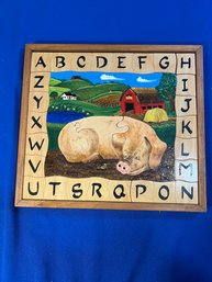 Lot 475- Heirloom Wood Puzzle- A B C Pig On A Farm Hand Painted Childrens Toy