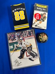 Lot 369- Boston Bruins Blaine Lacher #31 - Photo Puck - Autographed  - Bobby Orr - NHL