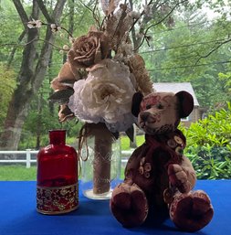 Lot 283- Burlap Flowers In Mason Jar - Dan-Dee Victorian Teddy Bear & Red Glass Bud Vase
