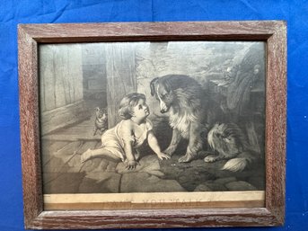 Lot 341- Girl With Dog & Cat Etching - Frame Rustic Barn-wood - Geo A Holmes -can't You Talk? - Soap Ad