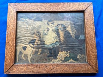 Lot 342- 1882 Girl With 3 Dogs Art Litho In Antique Oak Frame