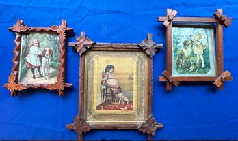 Lot 345- Early 1900s Lot Of 3 Collie Dog Art Vintage Rustic Cabin Wood Frames