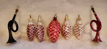 Lot 627CJV - 1950s Christmas Pinecone & Vintage Bugle Glass Ornament Lot Of 7 - Holiday Tree Decor