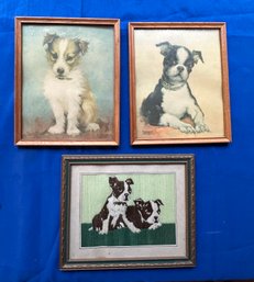 Lot 350- 3 Puppies! 1 Embroidery - 2 Art Lithos - Framed Florence Badger - Dog Art