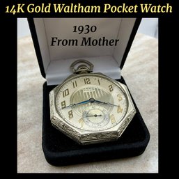 Lot 452- 1930 14K White Gold Waltham Pocket Watch - From Mother - 17 Jewels - Art Deco