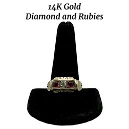 Lot 453- 14K Gold Center Diamond With Red Rubies Mens Ring Size 12 1/2