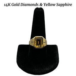 Lot 455- 14K Gold Yellow Sapphire With Diamonds Mens Ring Size 10