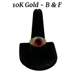 Lot 464- 10K B & F Gold Red Ruby Solitaire Mens Ring Size 10 1/2