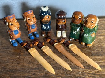 Lot 312SES- 1940-50s Anri Hand Carved Small Wood Statues - College Mascots - 4 Carved Letter Openers - Italy