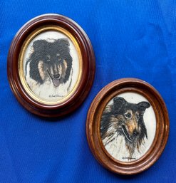 Lot 352- Mid Century Lot Of 2 Collie Dogs Double Etched Engraving On Marble - Earl Sherwan - Marvetti