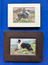 Lot 353- 2 Collie Dogs Art - Original Paintings - One Antique Wood Frame