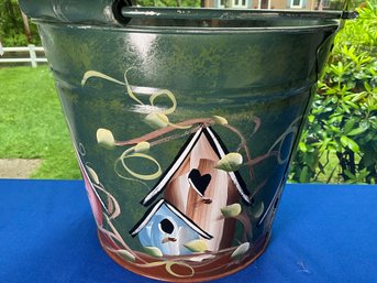 Lot 298- CUTE! Galvanized Bucket With Hand Painted Bird House Motif