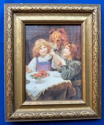 Lot 359- Cute Girls With Dog - Giclee In Nice Gold Frame - Henry Bingham Artist