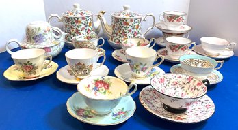 Lot 32- Windsor Chintz Tea Pots- English Bone China Tea Cups - Lot Of 15
