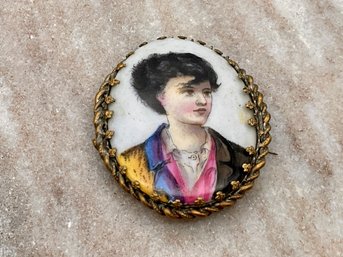 Lot 494- Victorian Hand Painted Girl Woman Portrait Brooch Pin