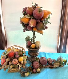 Lot 292 - Vintage Glass Frosted Sugared Fruit Topiary, Bowl, Basket, Swag