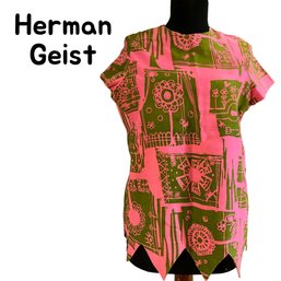 Lot 35- Herman Geist Pink & Green Cotton Summer Blouse Top Womens Vintage Small