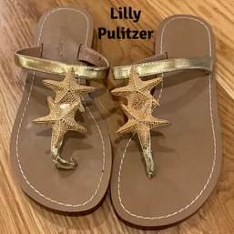 Lot 33- Lilly Pulitzer Gold Starfish Sandals Shoes Flip Flops Womens Size 7