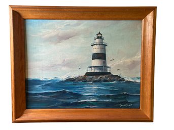 Lot 341 - Mid Century Lighthouse Latimer Light Original Art Oil Painting On Board By Artist Ellery Thompson