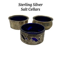 Lot 498- Sterling Silver Cobalt Blue Glass Salt Cellars - Lot Of 3