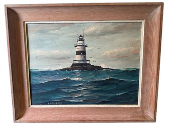 Lot 343 - Mid Century Lighthouse Nautical Original Art Oil Painting On Board By Artist Ellery Thompson