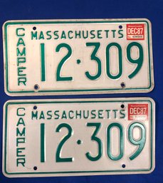 Lot 409 - Pair Of 2 Camper Massachusetts Vintage License Plates - 1987