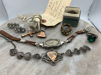 Lot 507- Antique Collection Of Jewelry - Pin- Rings- Filigree Bracelet- Watch- GF Pendants