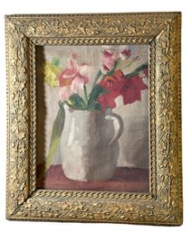 Lot 348 - Original Painting Flowers Pitcher  In Stunning Wood Antique Gold Gilt Frame With Vine & Leaf Design