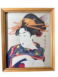 Lot 350 - Asian Art On Linen - Japanese Geisha Girl - Reproduction Woodblock