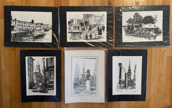 Lot 354 - 6 Boston Prints Line Art - Swan Boats - Old North Church - Haymarket - Long Wharf - Goff Prints