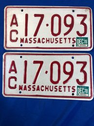 Lot 412 - 1978 Red White Vintage Pair Of AC License Plates - Massachusetts