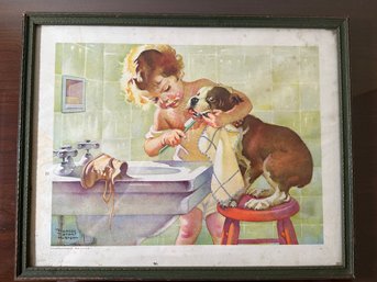 Lot 356 - Vintage Reproduction Art Print Girl And Dog Brushing Teeth - Francis Tipton Hunter