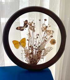 Lot 358 - Round Heavy Glass Framed Dried Flowers And Butterflies