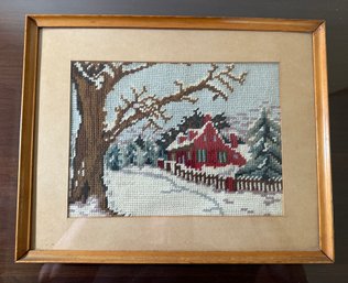 Lot 359 - Vintage Rustic Crewel Embroidered Red Country House In Winter - Nice!