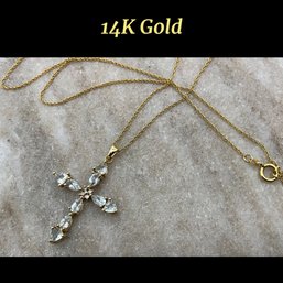 Lot 56SES- 14K Gold Necklace Chain With Cross Pendant Pretty Light Blue Stones