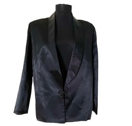 Lot 46- Cap Tree Black Acetate Shiny Tuxedo Coat Blazer Vintage Womens  Size Small