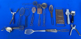 Lot 702- Antique Early Kitchen Tools - Rumford- Bromco- Ekco- Popell- Grater - Spatula - Egg Beater  Lot Of 16