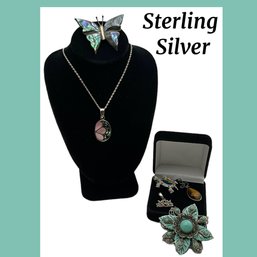 Lot 551- Sterling Silver FUN Lot! Mother Of Pearl Pendant - Abalone Butterfly Pin And Pendants