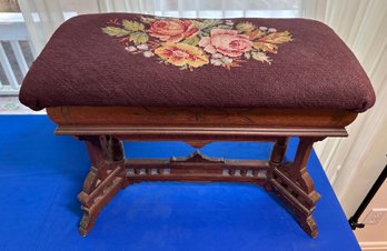 Lot 364 - Beautiful! Antique Crewel Embroidered Roses Storage Foot Stool With Carved Wood