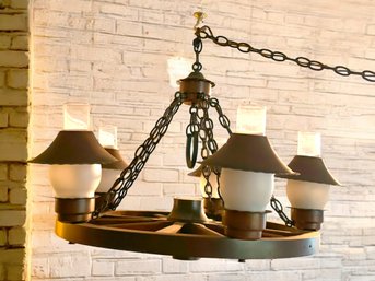 Lot 347 - Mid Century Western Wood Wagon Wheel & Copper Lantern Chandelier Hanging Ceiling Light