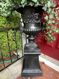 Lot 349 - Large Heavy Cast Iron Planter Antique Urn On Plinth With Healthy Ivy Plant - 41 Inches High