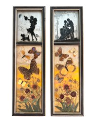 Lot 372 - Pair Of Antique Butterfly & Dried Flowers Art With Black Painted Silhouette Figures