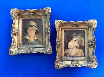 Lot 373SES - 2 Mini Antique Portraits Boy Girl Thomas Sully Repro Metropolitan Museum Art Gold Chalkware Frame