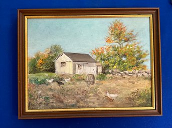 Lot 376 - 1950s Rustic Henhouse - Chickens Original Oil On Board Painting - Unsigned - Vintage Wood Frame