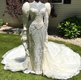 Lot 66- 1990s Eve Of Milady Sequins Lace Beaded Tulle Satin Wedding Gown Dress Small With Hat And Long Train