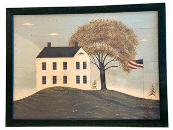 Lot 377 - Warren Kimble - Primitive Folk Art - Colonial Home & Flag Landscape Litho Lg Professionally Framed