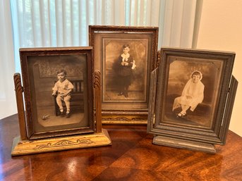 Lot 384 - Antique Wood Tilting Frames And Black & White Childrens Photos Vintage Photographs