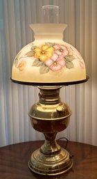 Lot 386- Beautiful Antique Brass Hurricane Table Lamp With Original Floral Painting